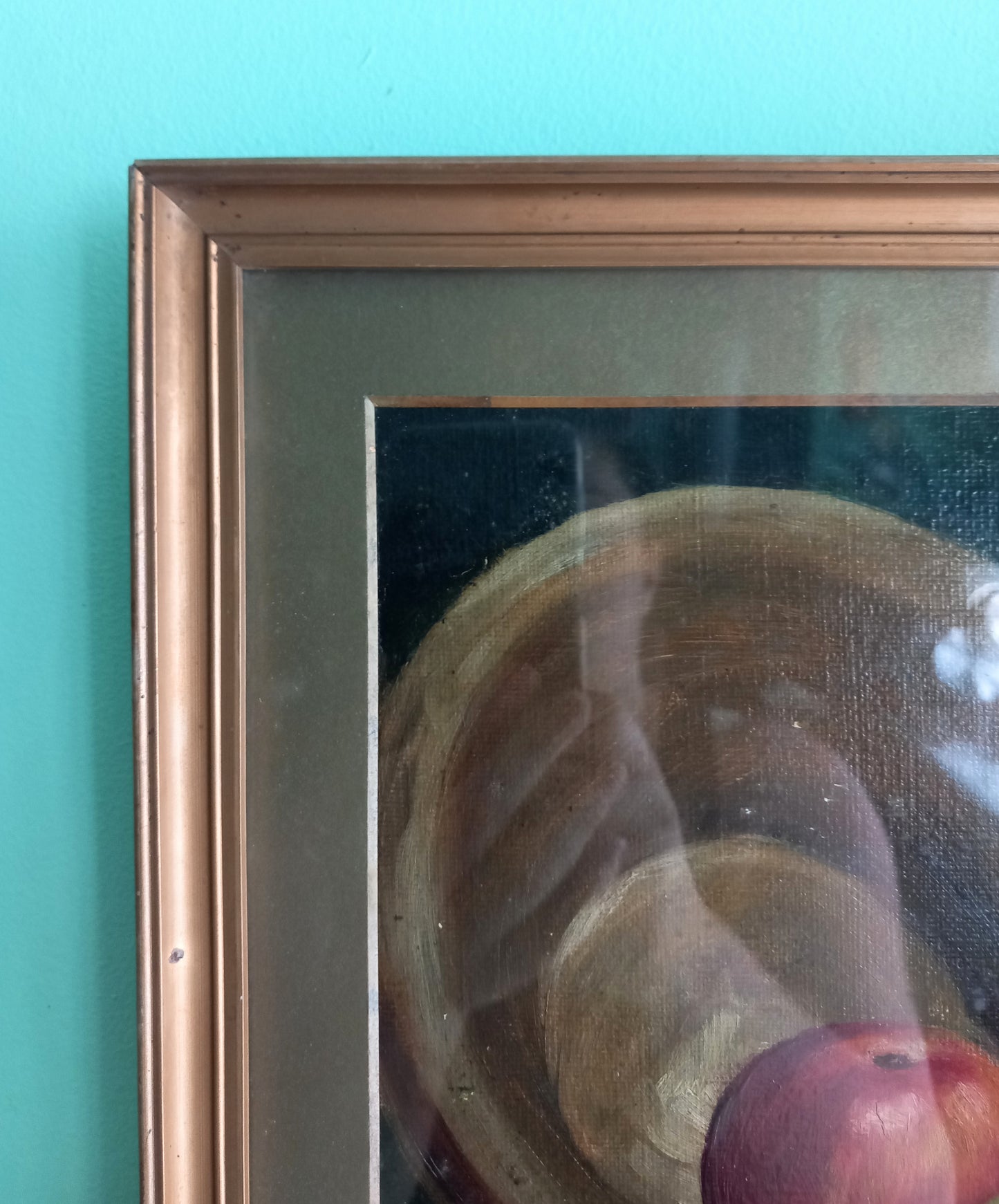 Antique oil painting of still life with pancheon bowl, apples and water jug 17"