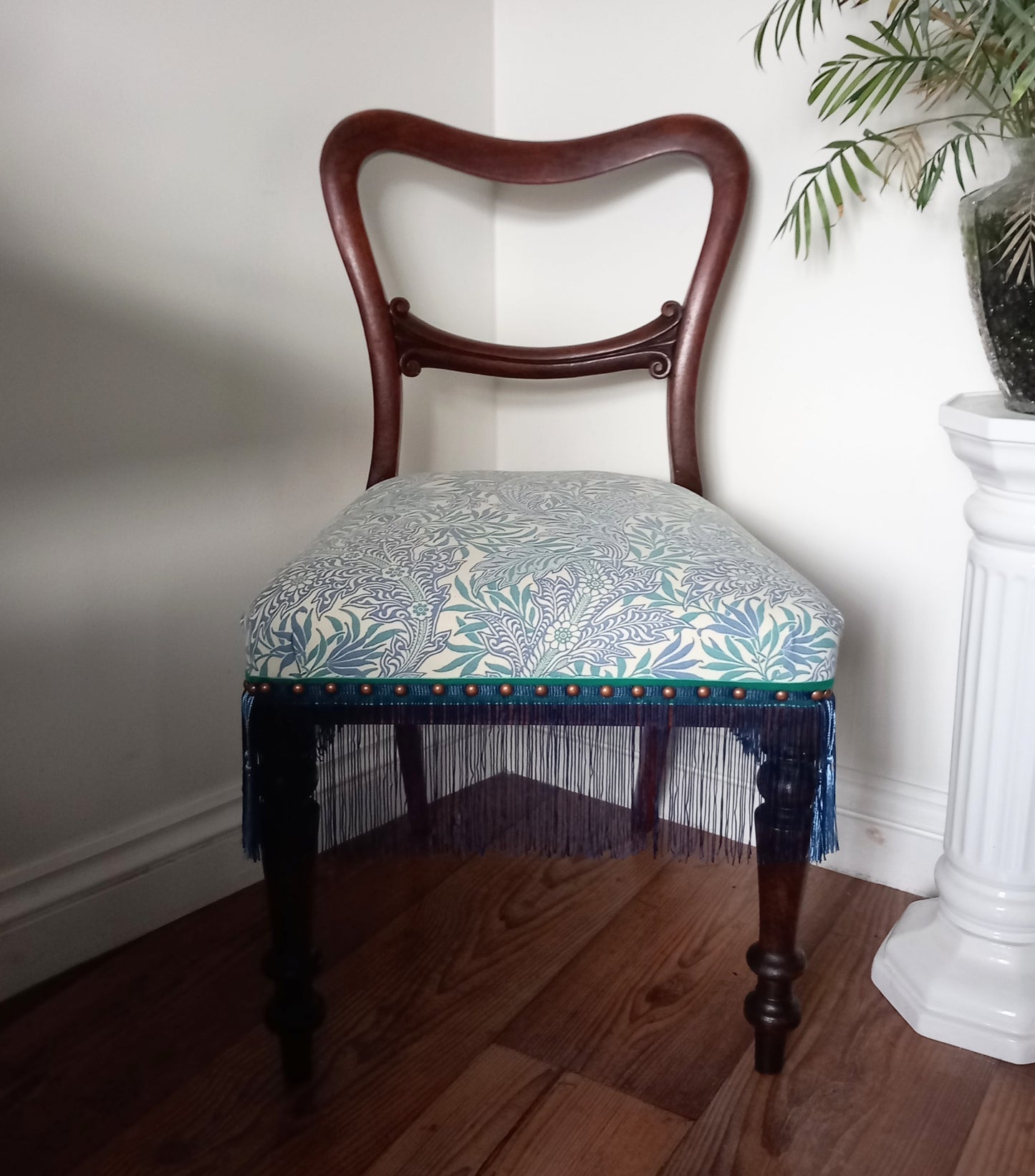 Victorian Balloon Back Chair Reupholstered With Blue Jasper Conran Habitat Medura Fabric