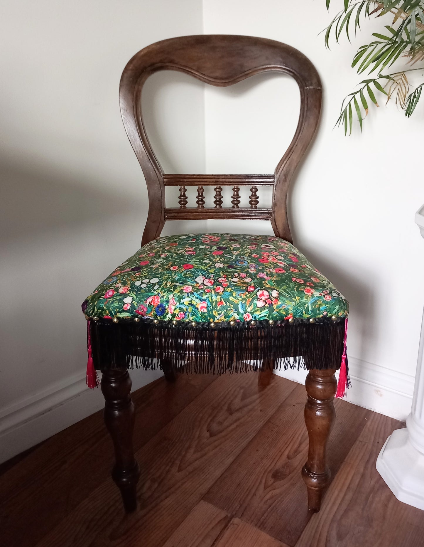 Victorian Balloon Chair Reupholstered In Pink & Green Gustav Klimt Italian Garden Velvet Fabric
