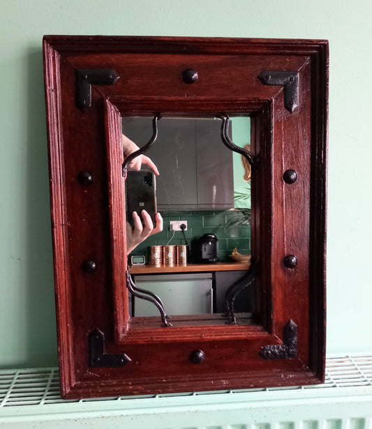 Late 20th century rustic real wood & metal detail wall mirror