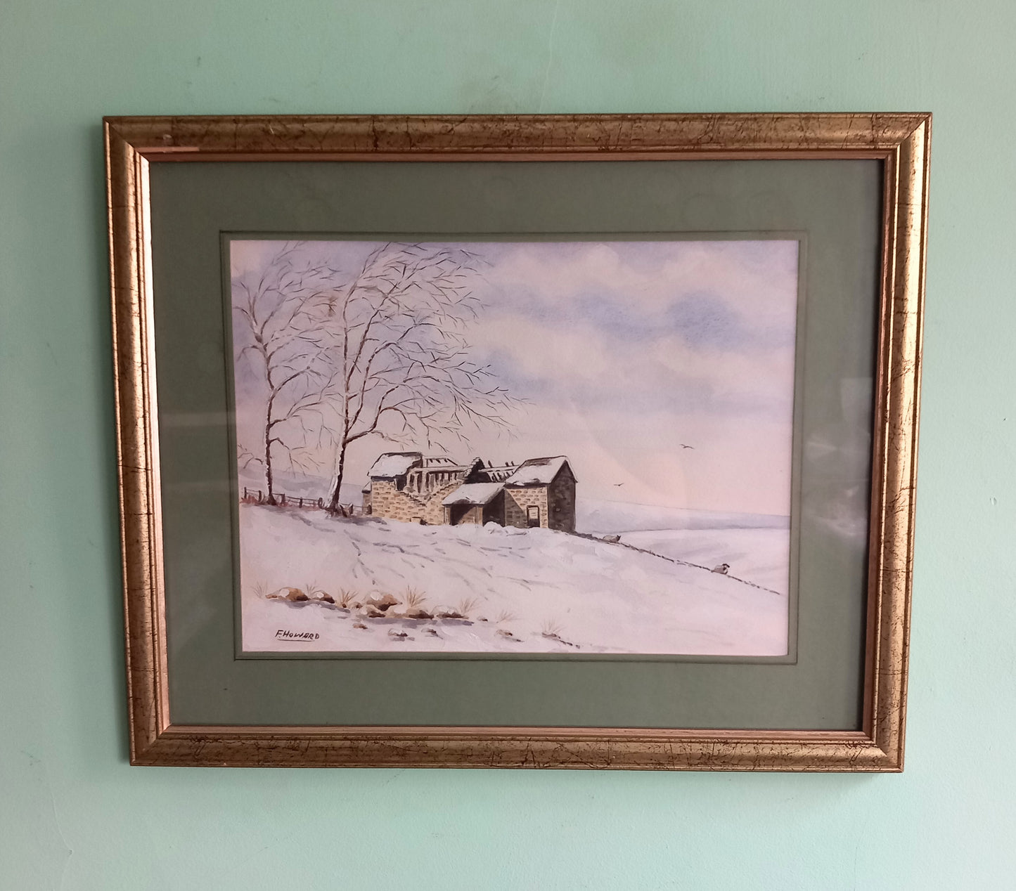 Vintage original watercolour painting of ruined barn in snowy landscape 22"