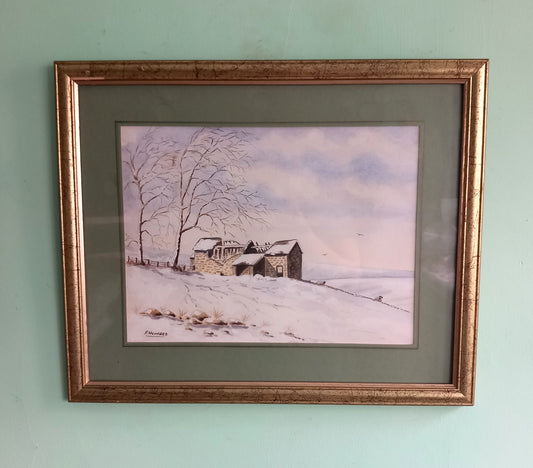 Vintage original watercolour painting of ruined barn in snowy landscape 22"
