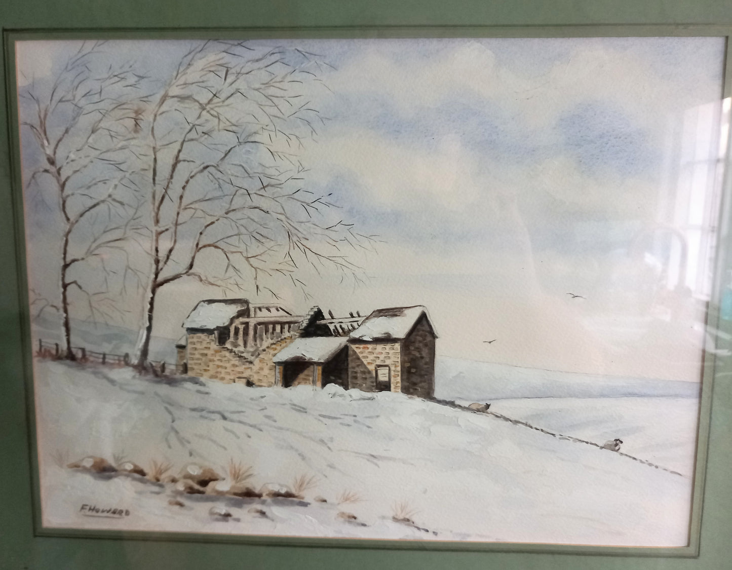 Vintage original watercolour painting of ruined barn in snowy landscape 22"
