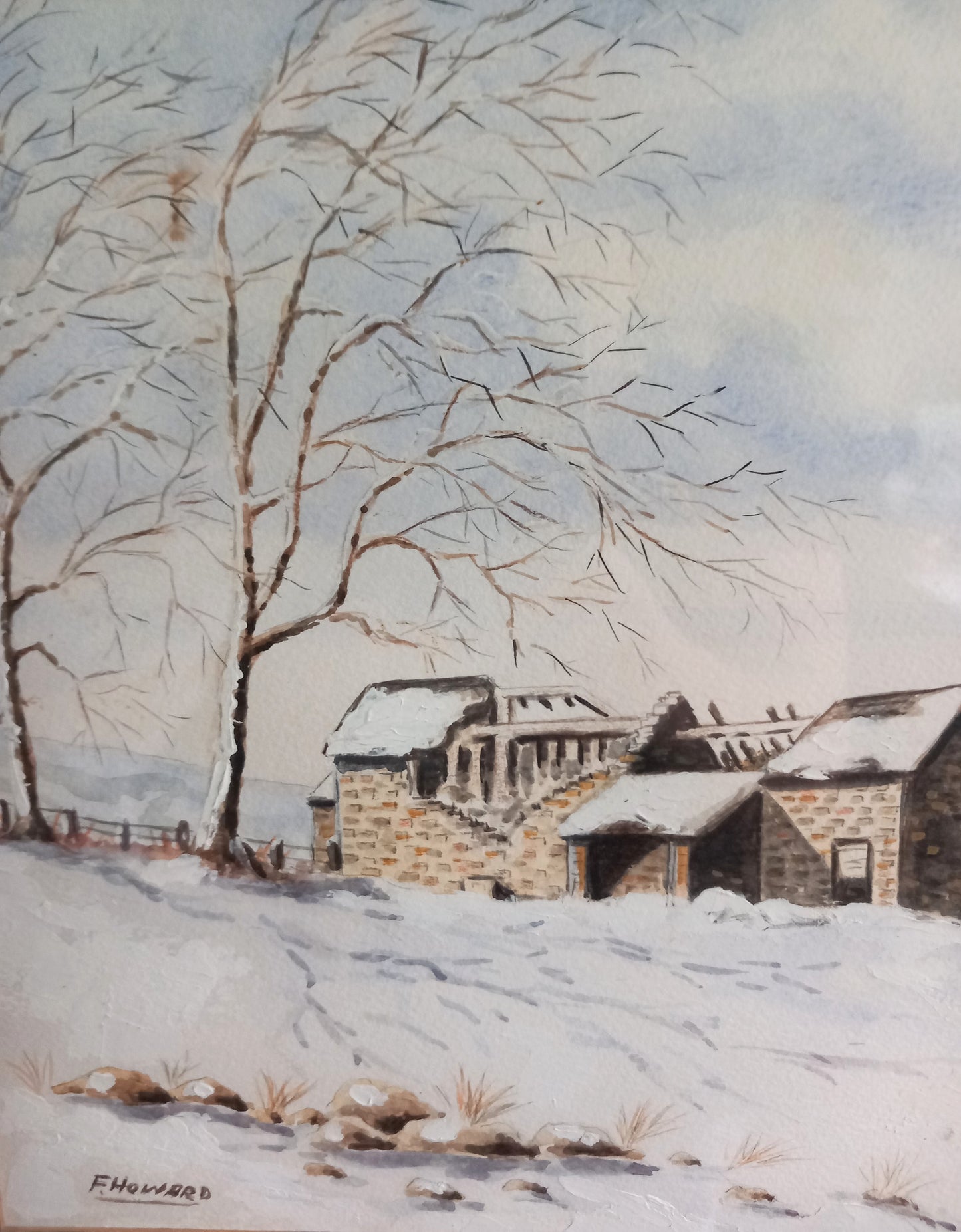 Vintage original watercolour painting of ruined barn in snowy landscape 22"