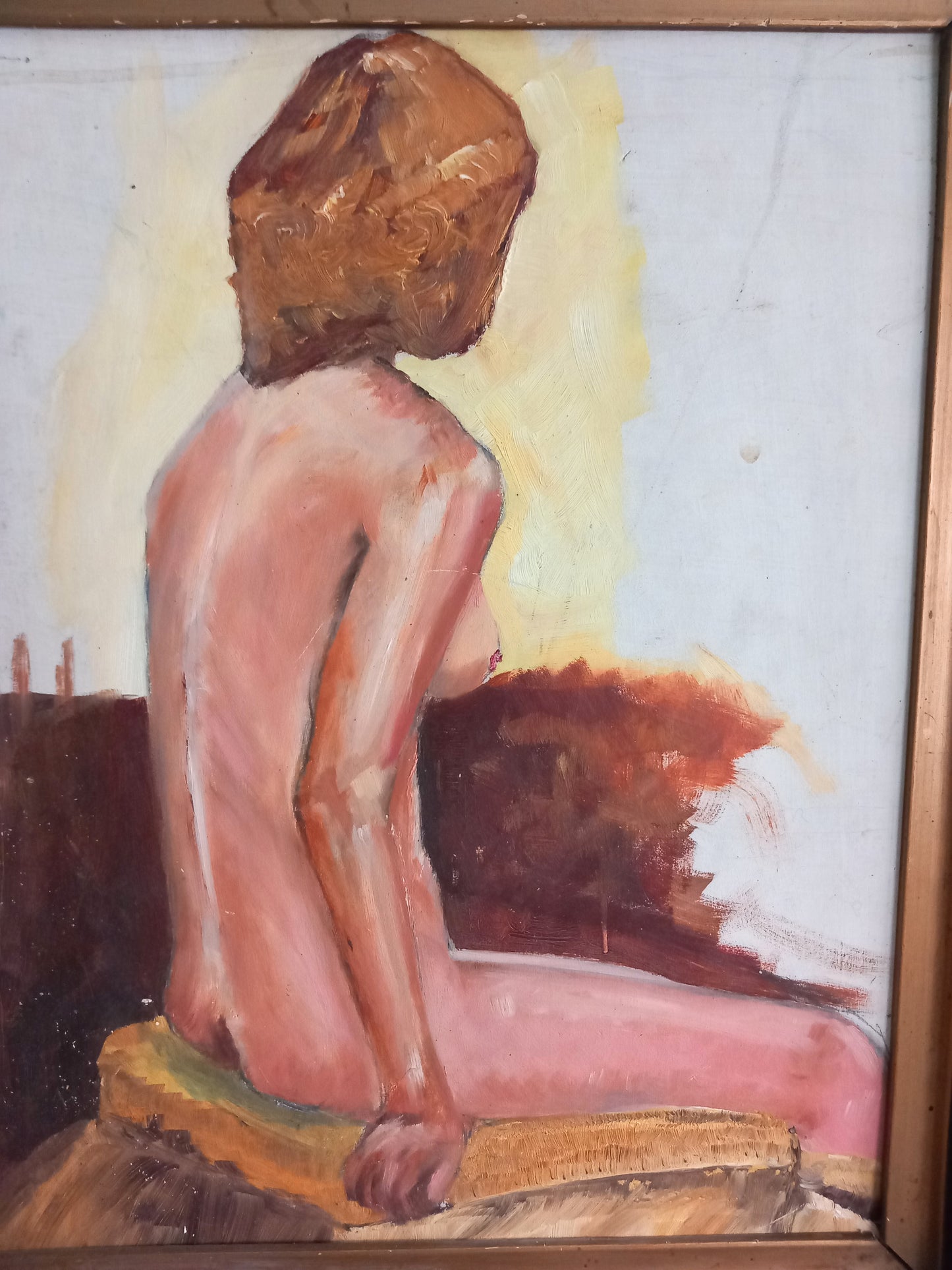 Mid century framed original oil painting of a nude woman 20.5"