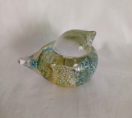 Blue & yellow mottled art glass bird paperweight signed JGD
