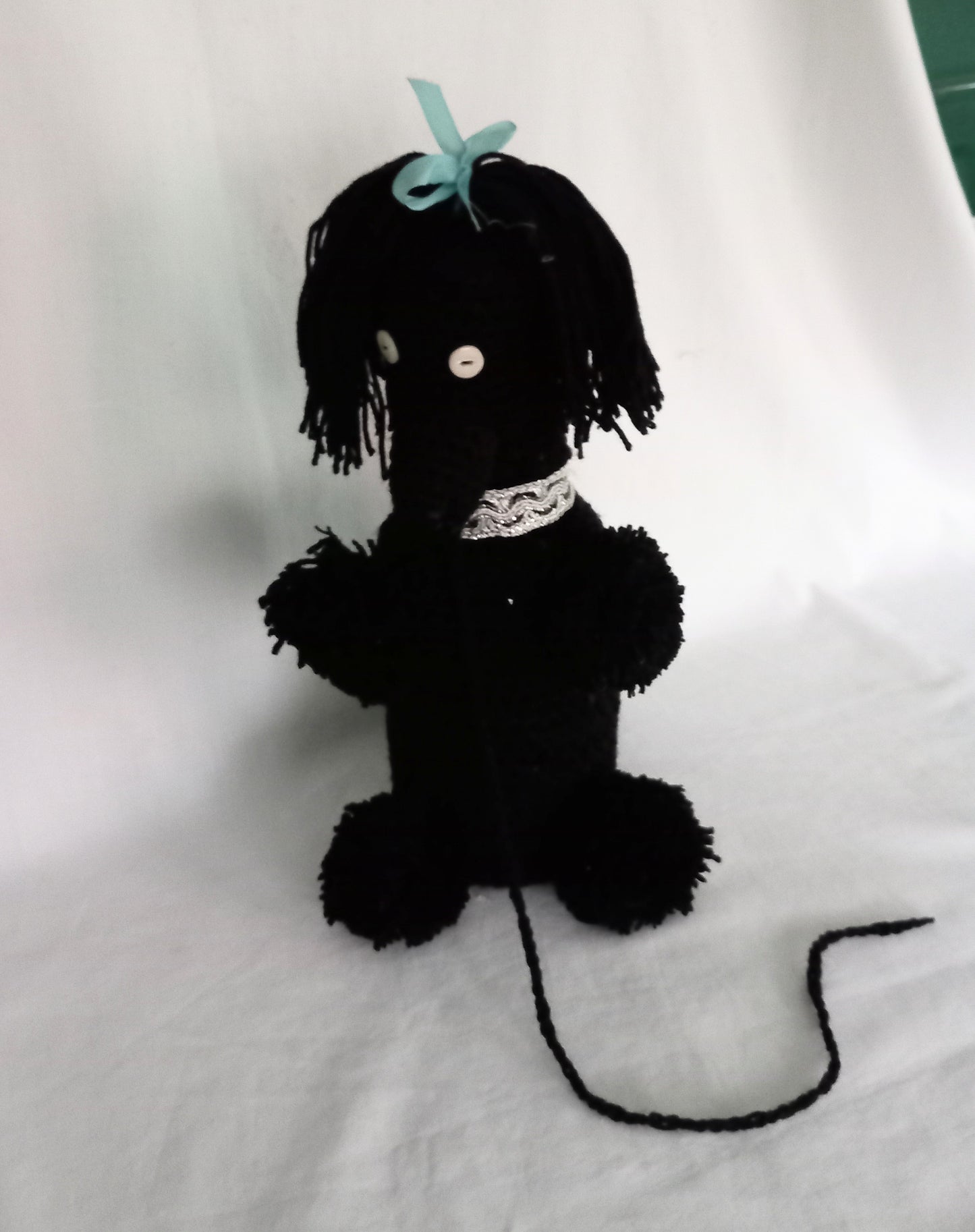 Mid Century hand made black crocheted poodle dog bottle cover statue