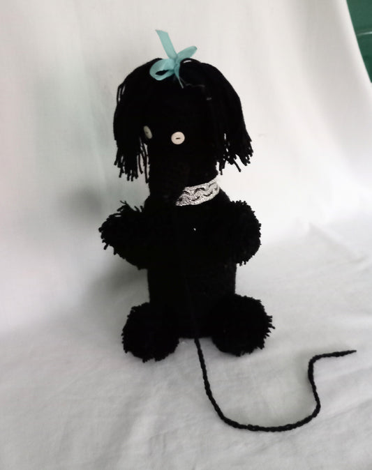 Mid Century hand made black crocheted poodle dog bottle cover statue