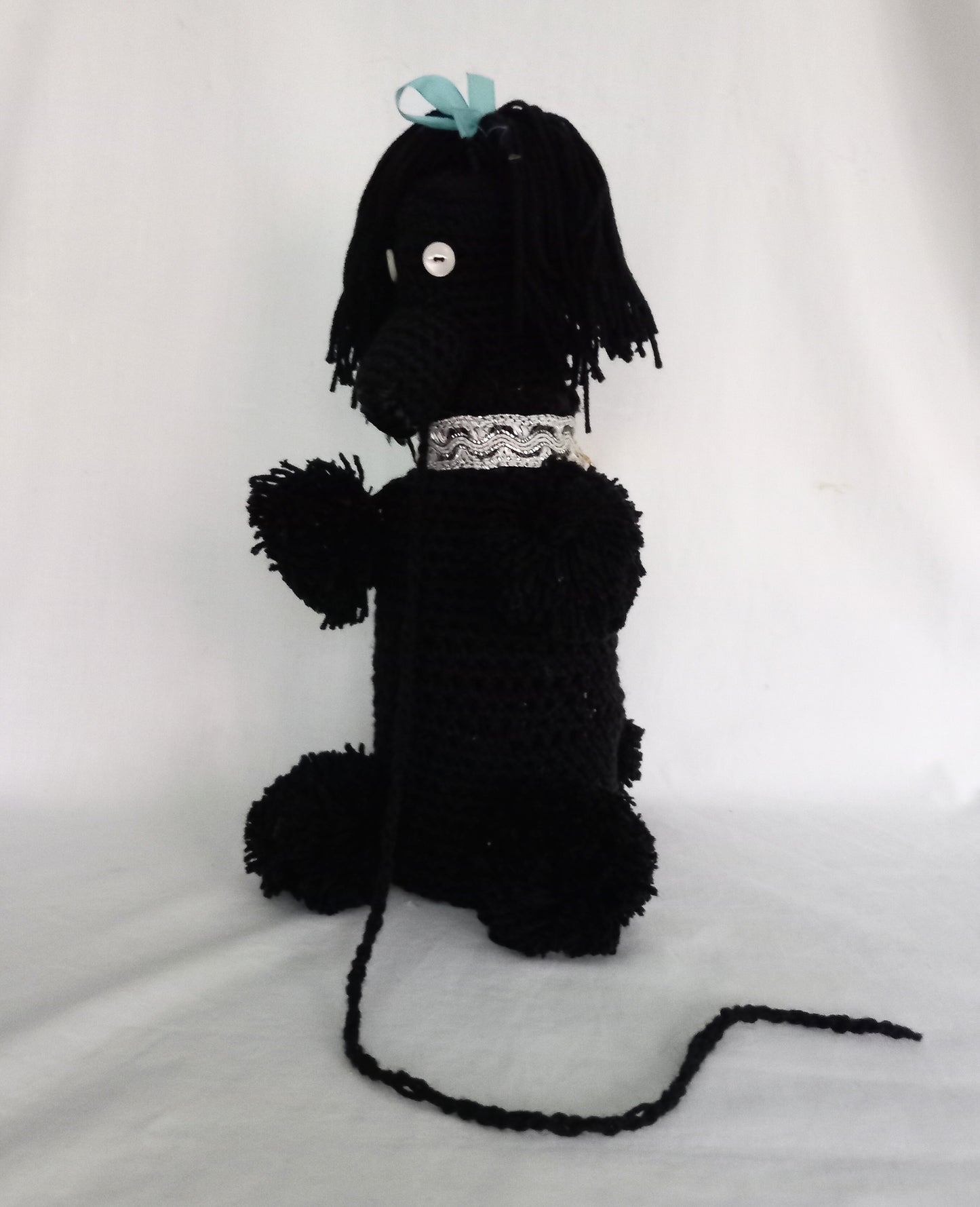 Mid Century hand made black crocheted poodle dog bottle cover statue