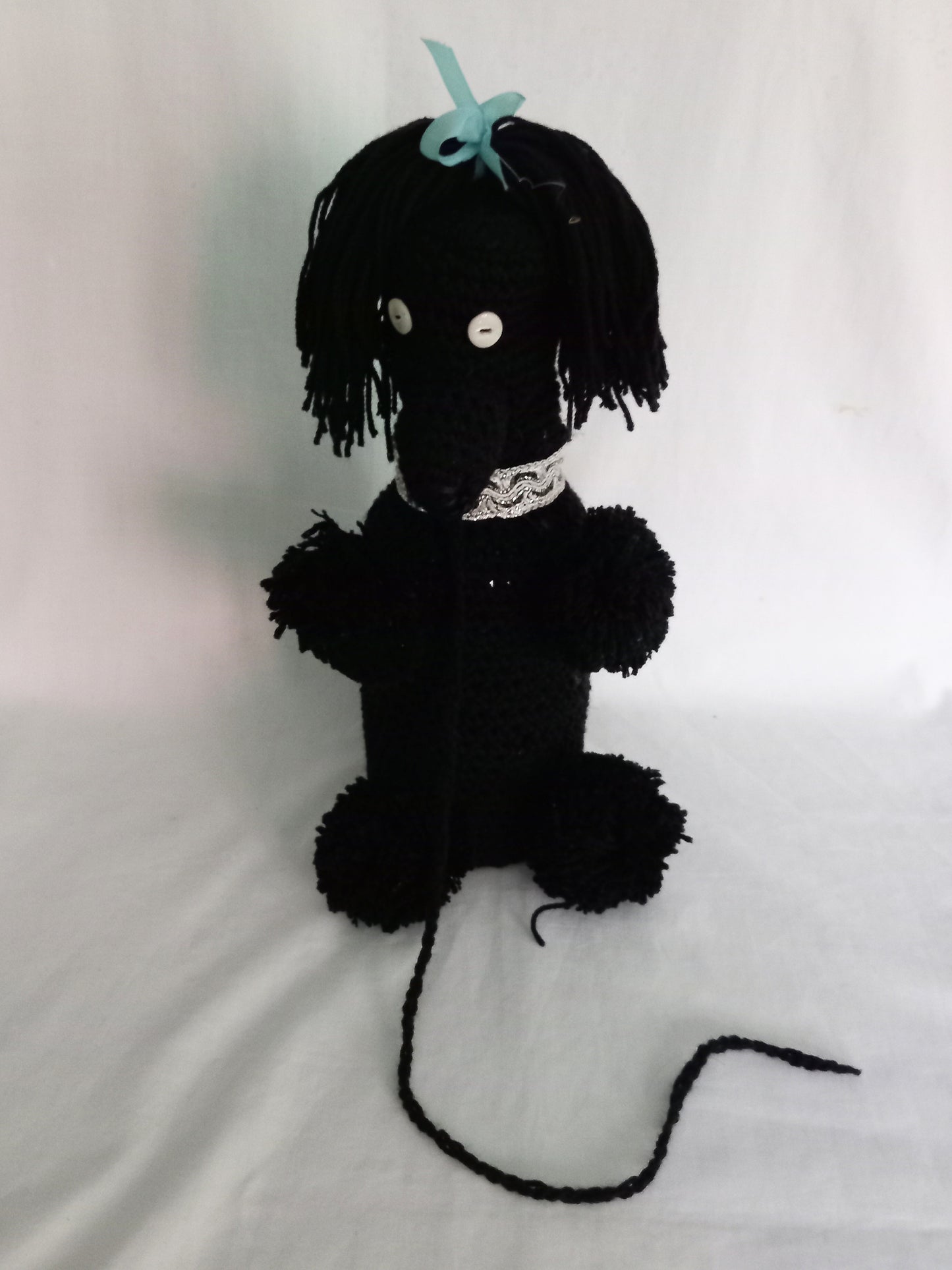 Mid Century hand made black crocheted poodle dog bottle cover statue