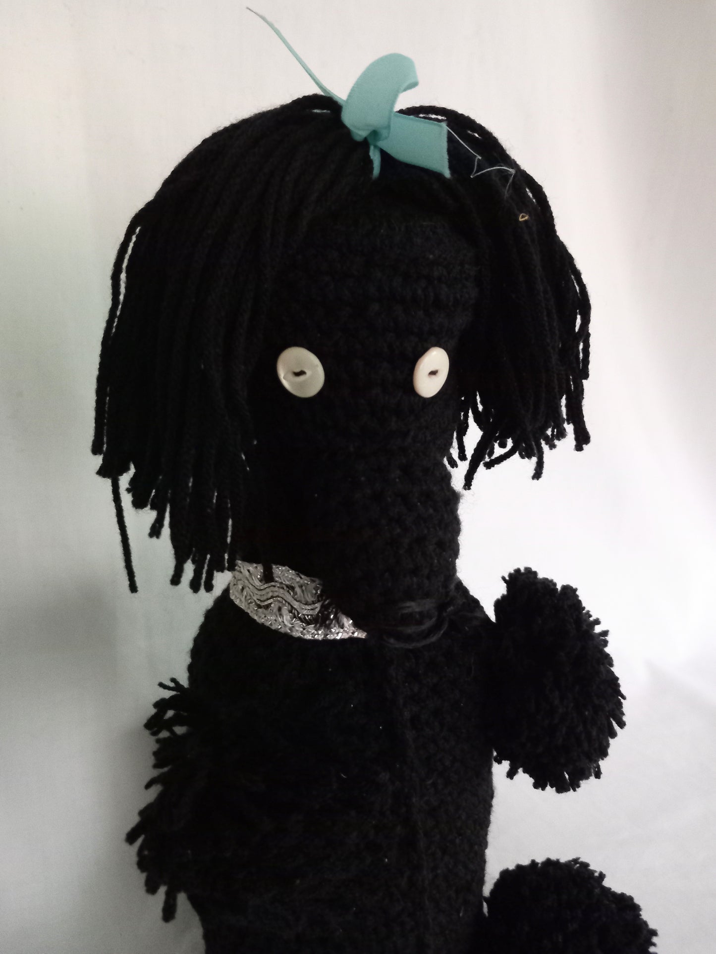 Mid Century hand made black crocheted poodle dog bottle cover statue
