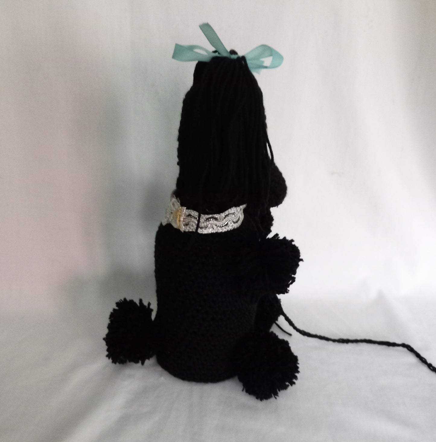 Mid Century hand made black crocheted poodle dog bottle cover statue