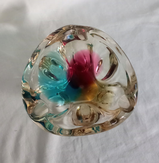 Mid century Murano style tricolour glass bowl or ashtray in pink, blue and yellow