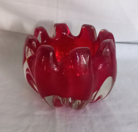 Mid Century Whitefriars #9876 ruby red ridged cased glass bowl