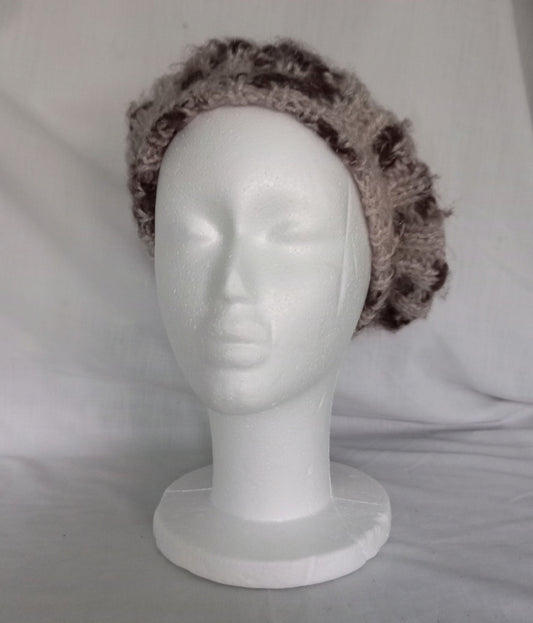 Vintage knitted beret hat in two tone brown wool