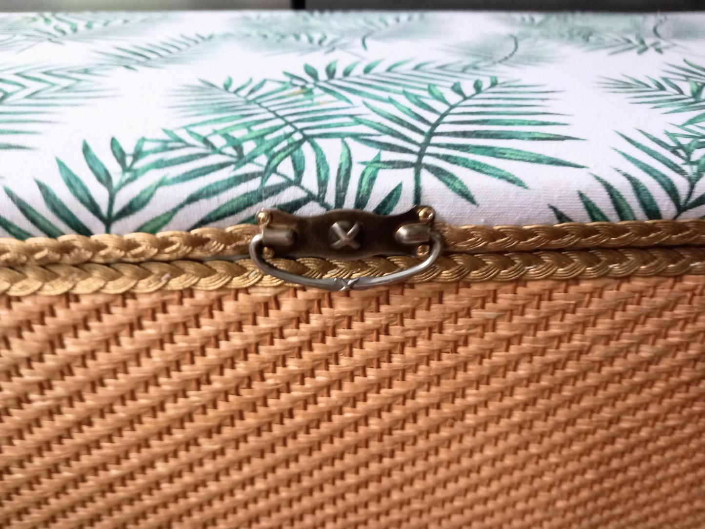 1970s wicker storage ottoman reupholstered with green palm fabric