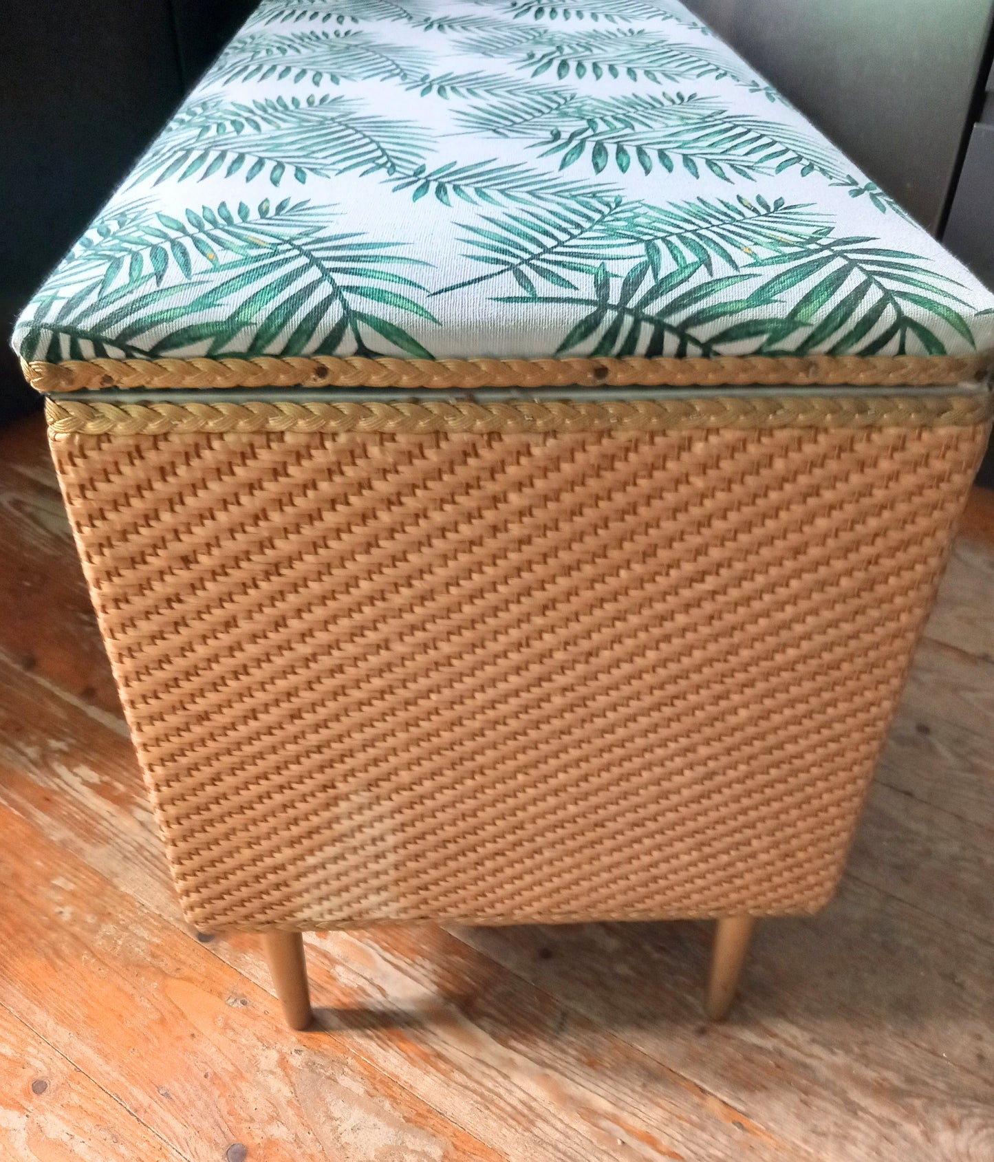 1970s wicker storage ottoman reupholstered with green palm fabric