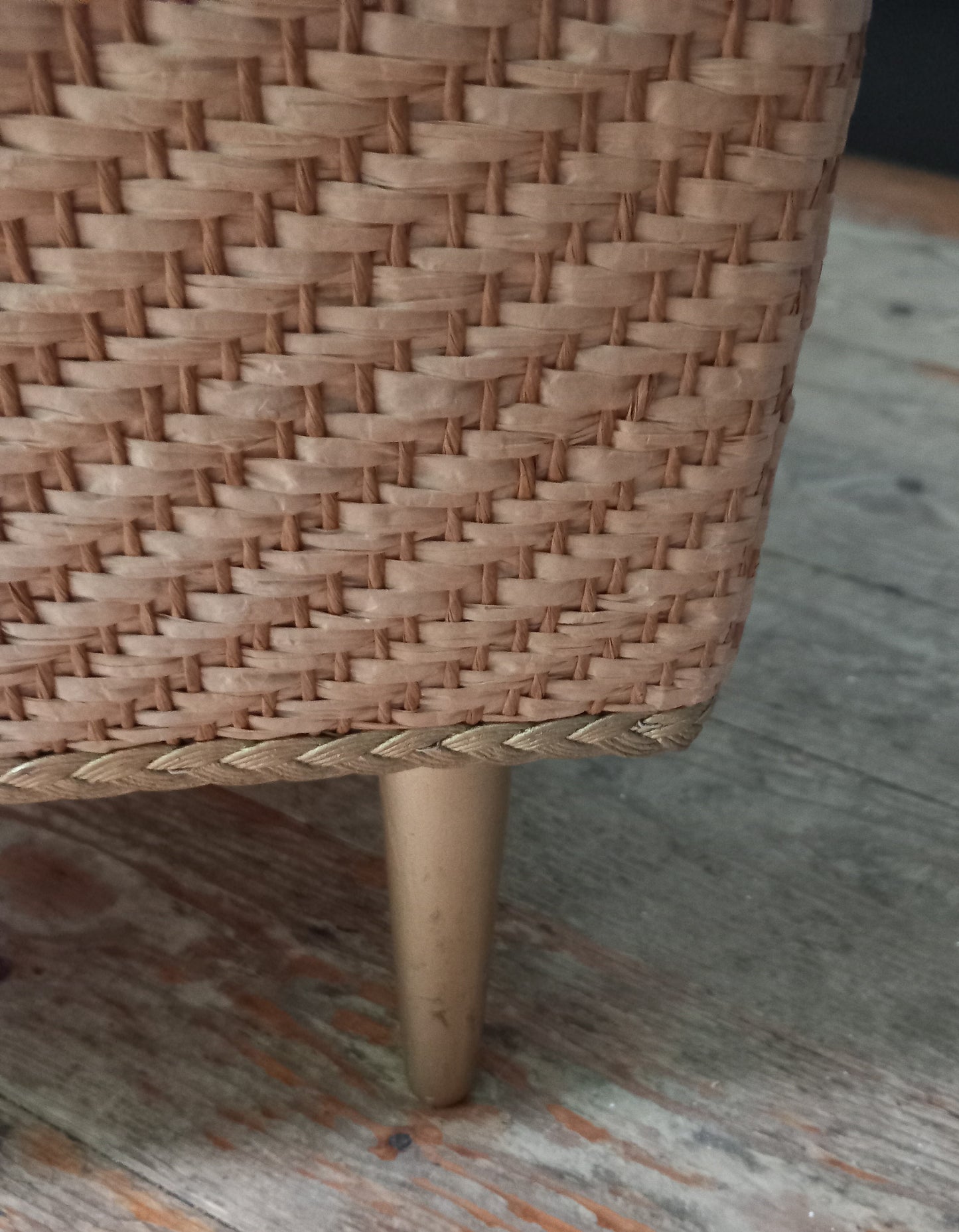 1970s wicker storage ottoman reupholstered with green palm fabric