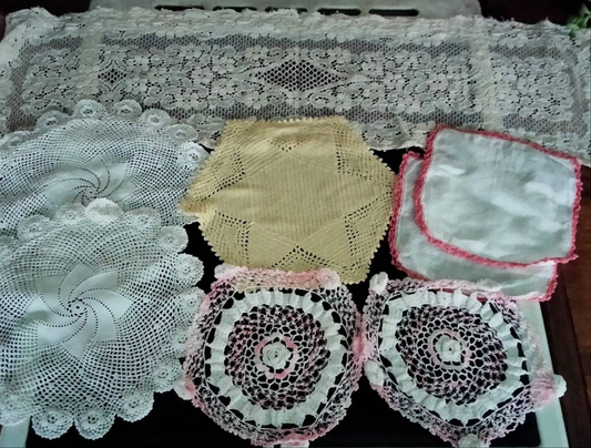 Lot of 8 vintage hand made crochet & lace cloths, mats & doilies pink yellow