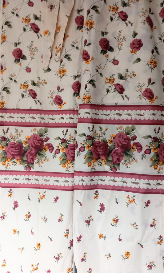 Pair of Vintage Dark Red Floral Curtains 69"