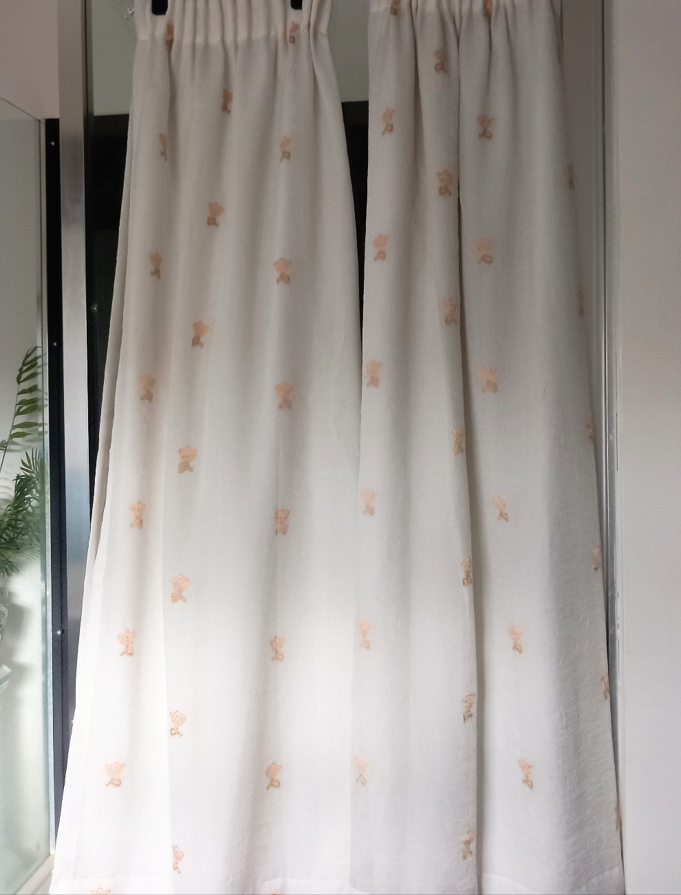 Pair of White Chiffon & Orange Embroidered Flower Lined Curtains 53"