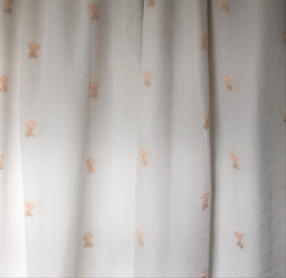 Pair of White Chiffon & Orange Embroidered Flower Lined Curtains 53"