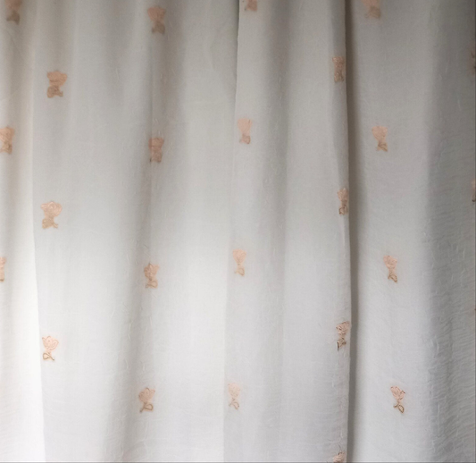 Pair of White Chiffon & Orange Embroidered Flower Lined Curtains 53"