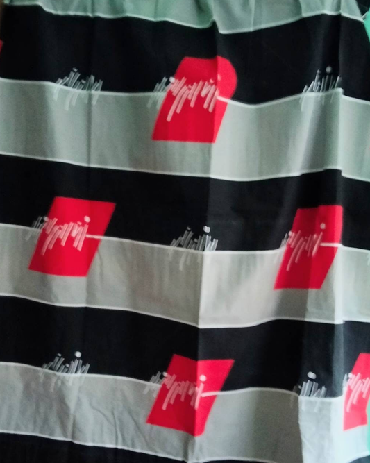 1980s red, black & grey single curtain 46" W x 52" L