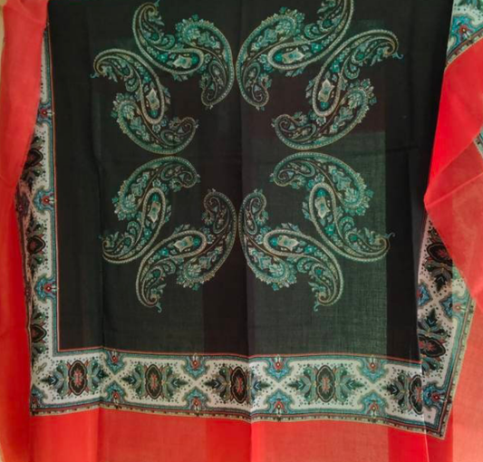 1970s red and black paisley print large square scarf wrap 49"