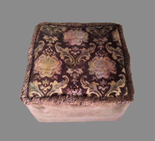 1960s square pouffe footstool in brown velour & floral fabric