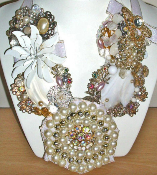 Hand made white bead, rhinestone & pearl assemblage statement necklace