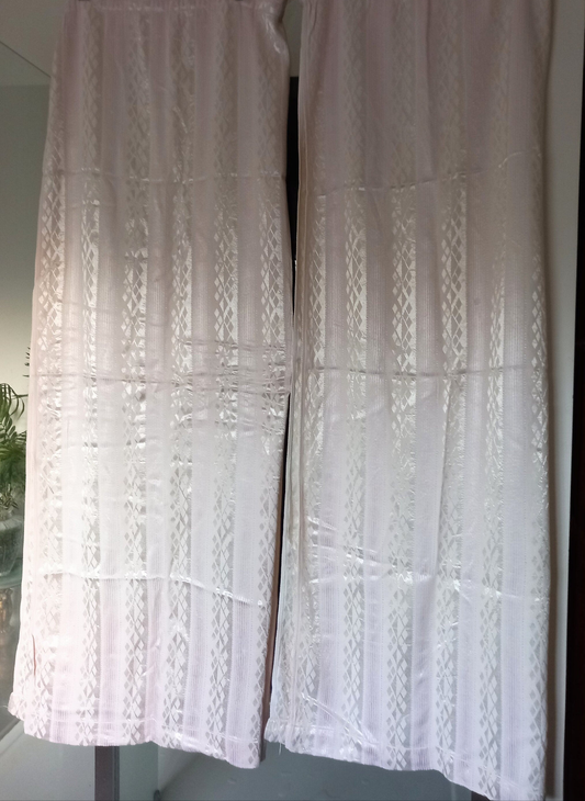 Mid century pair of pale pink satinised stripe curtains 60" long