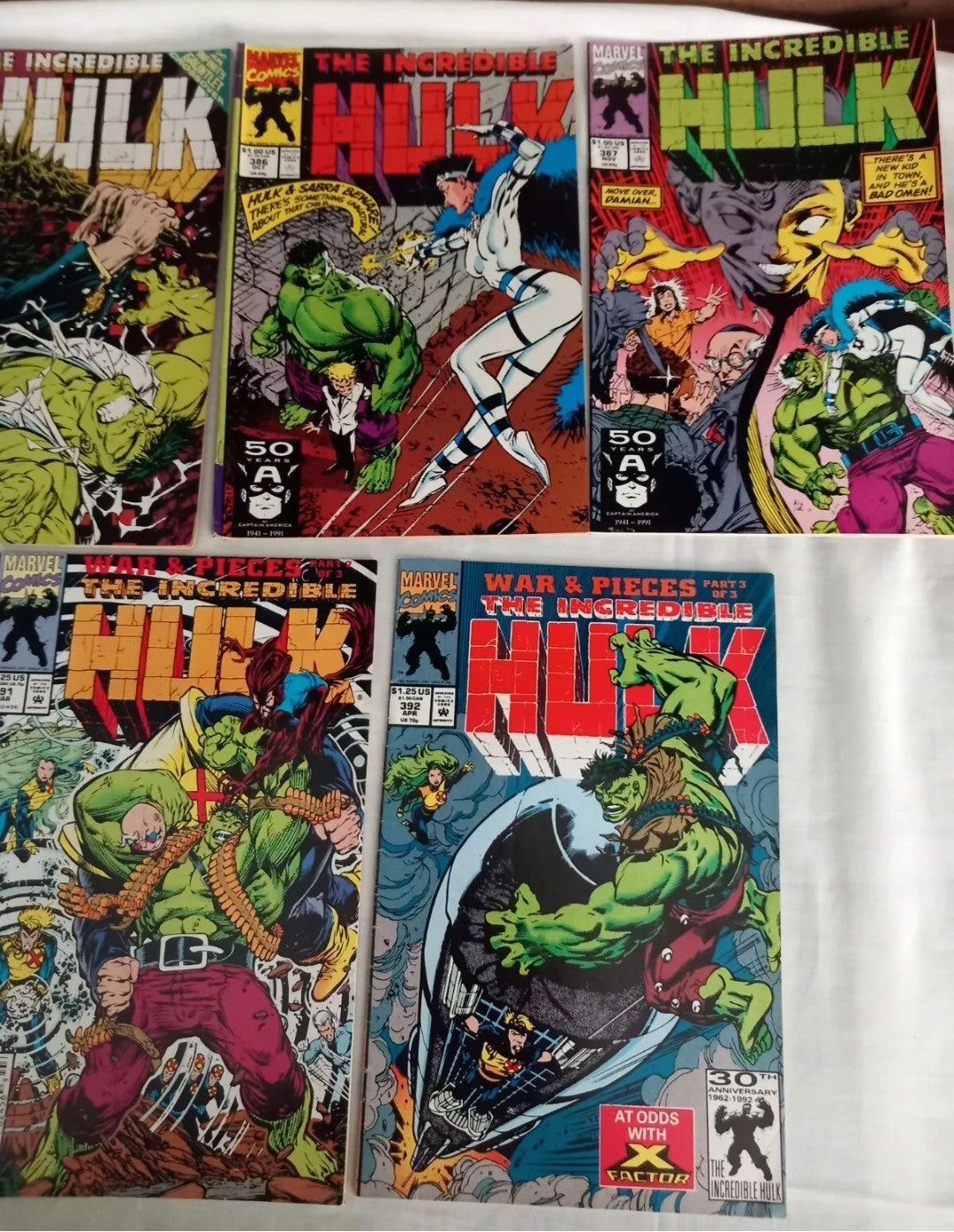 The Incredible Hulk Marvel Comics 1991 #384-387 390-392 comic lot includes War & Pieces set