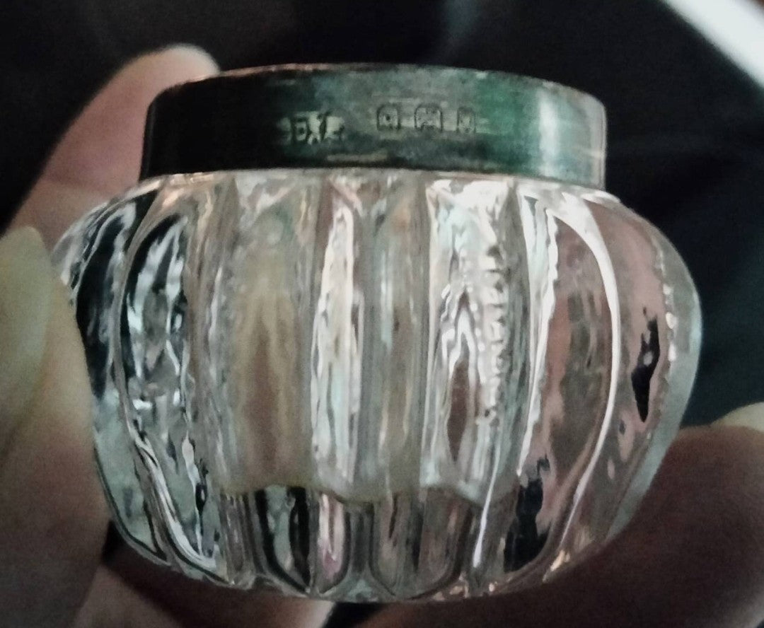Pair Of Antique Hallmarked Silver Rimmed Clear Cut Glass Salt Cellars London 1921 & another single salt
