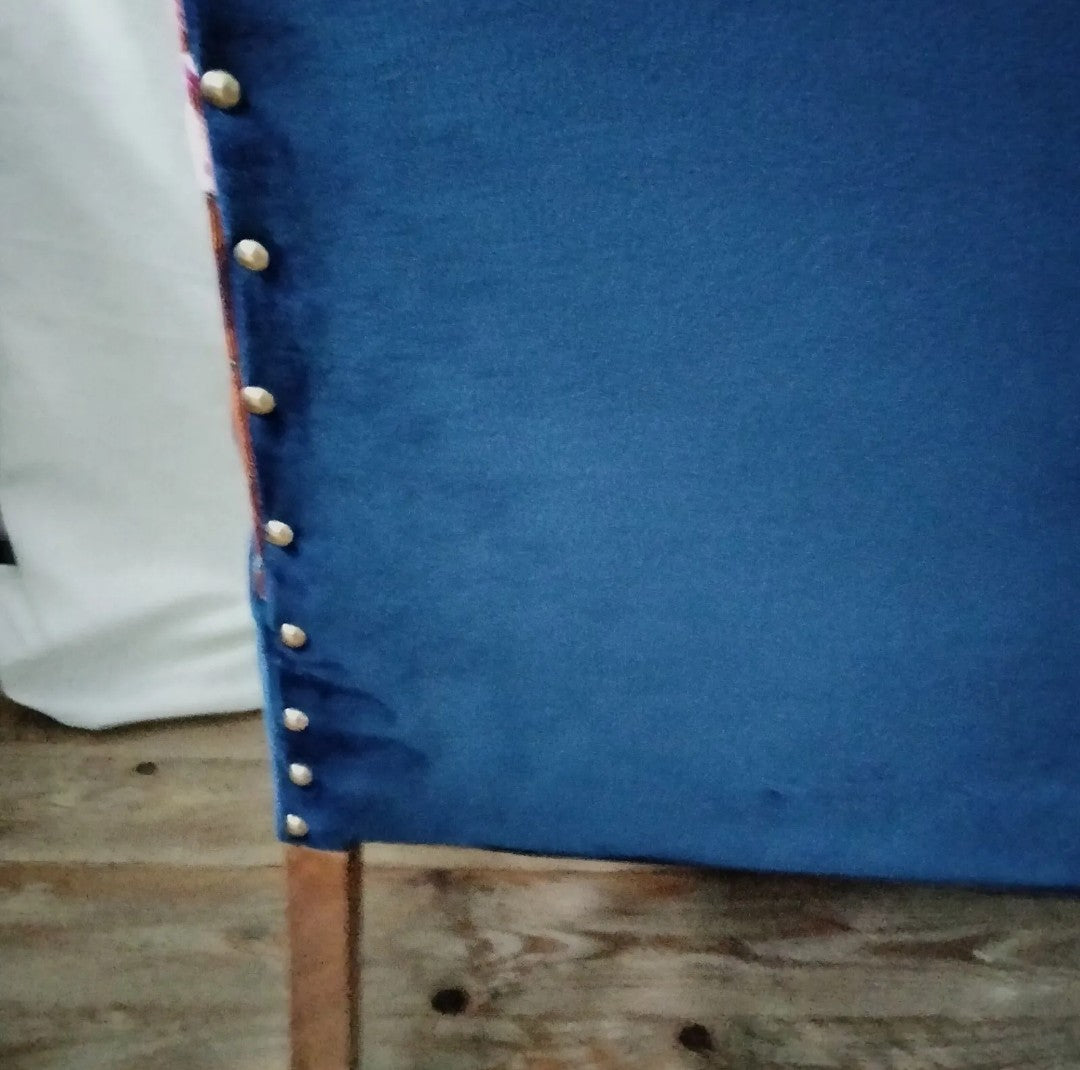 Mid century cocktail chair reupholstered with Timorous Beasties Thunder Blotch fabric & blue velvet