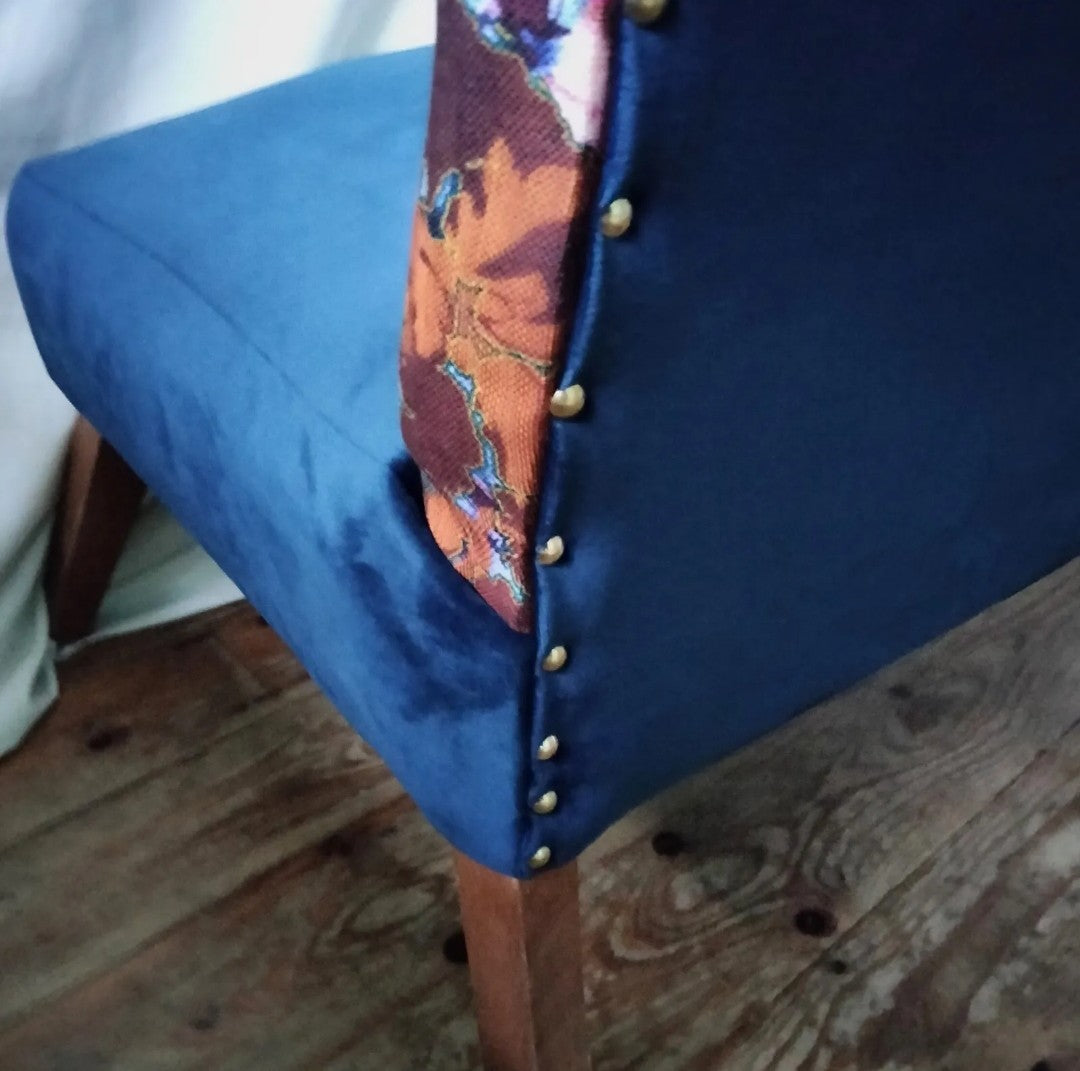 Mid century cocktail chair reupholstered with Timorous Beasties Thunder Blotch fabric & blue velvet