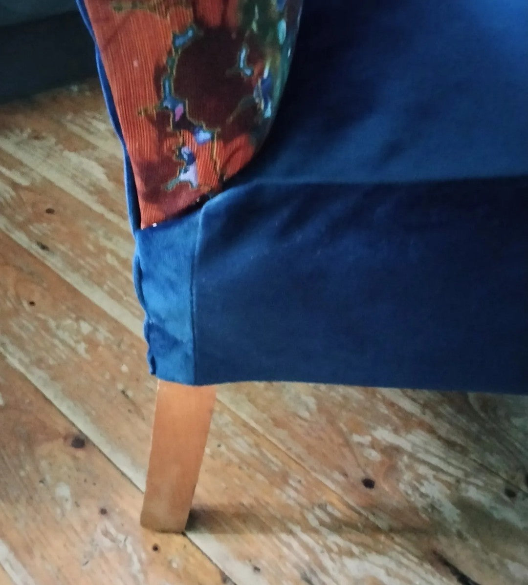 Mid century cocktail chair reupholstered with Timorous Beasties Thunder Blotch fabric & blue velvet