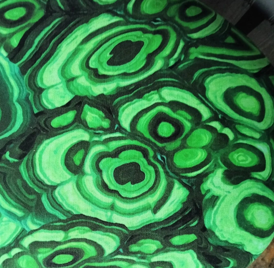 Mid century small stool reupholstered with green malachite fabric
