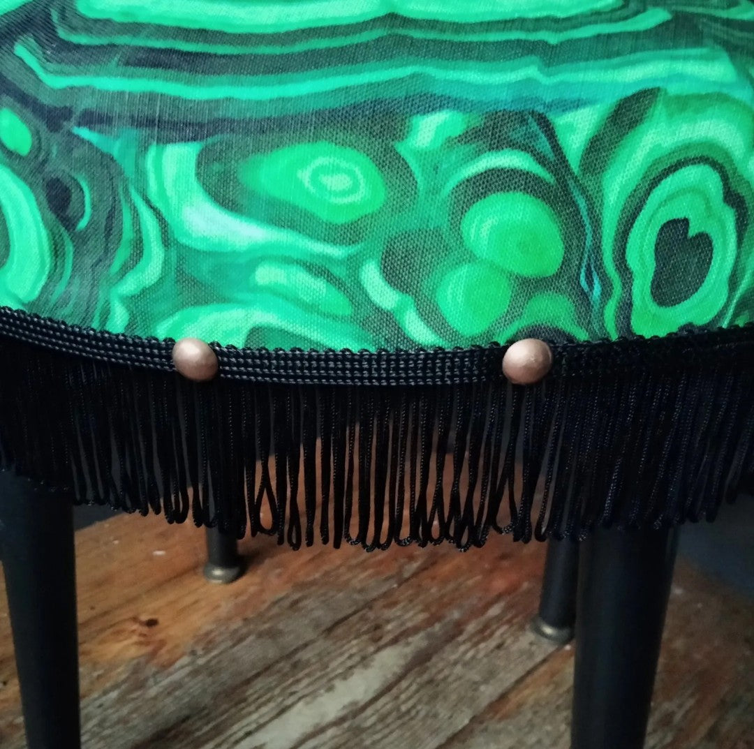 Mid century small stool reupholstered with green malachite fabric