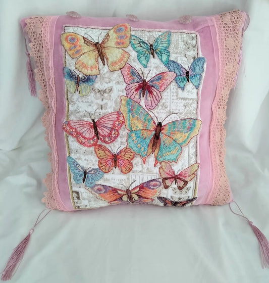 Hand made pink velour & blue butterfly tapestry cross stitch cushion