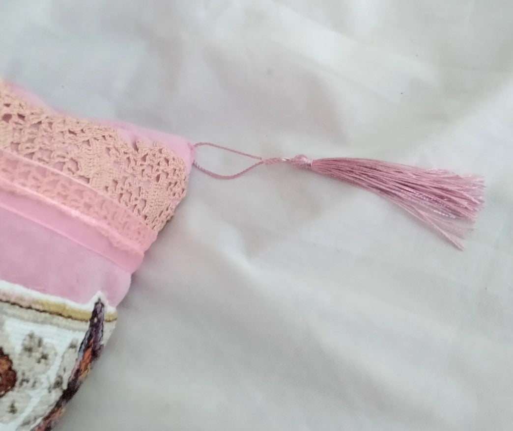 Hand made pink velour & blue butterfly tapestry cross stitch cushion
