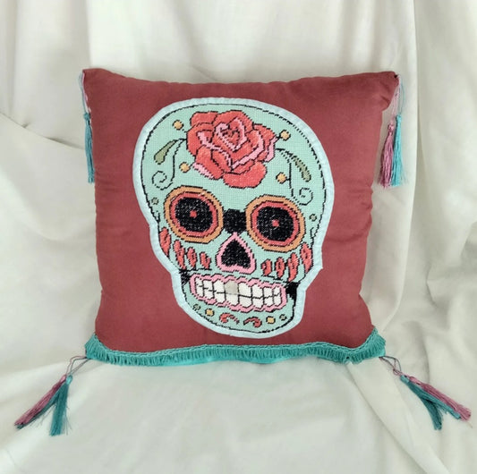Handmade red suedette & blue sugar skull tapestry cross stitch cushion