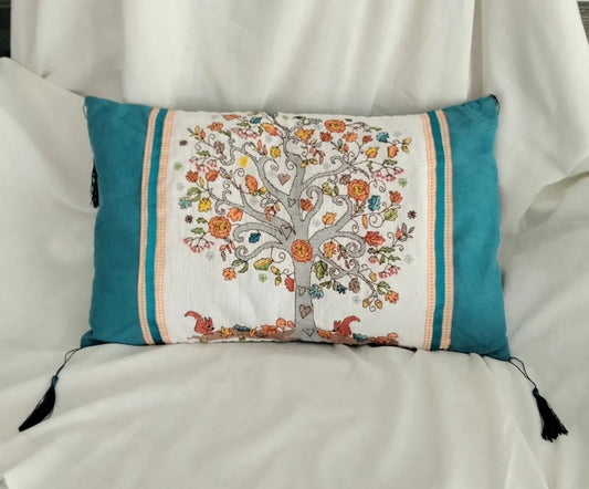 Handmade blue suedette & orange tree tapestry cross stitch cushion