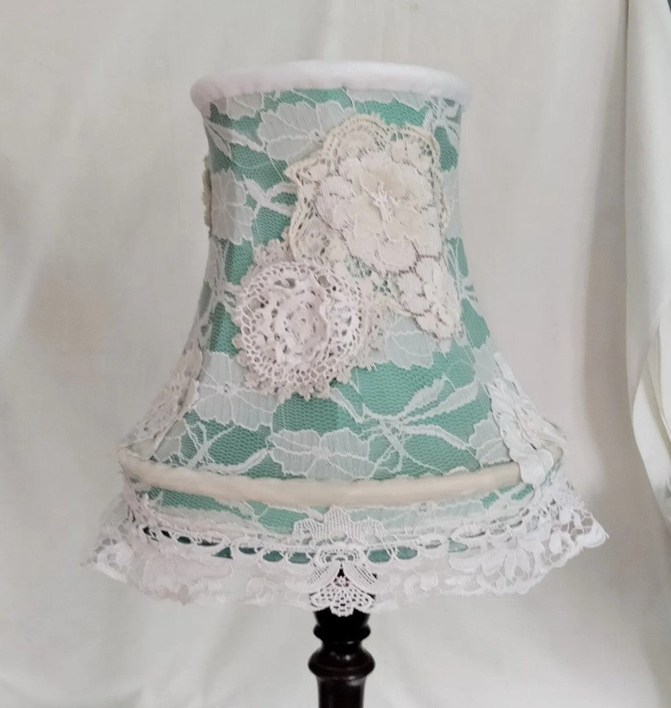 Hand made green & cream white antique lace crochet lampshade 12"
