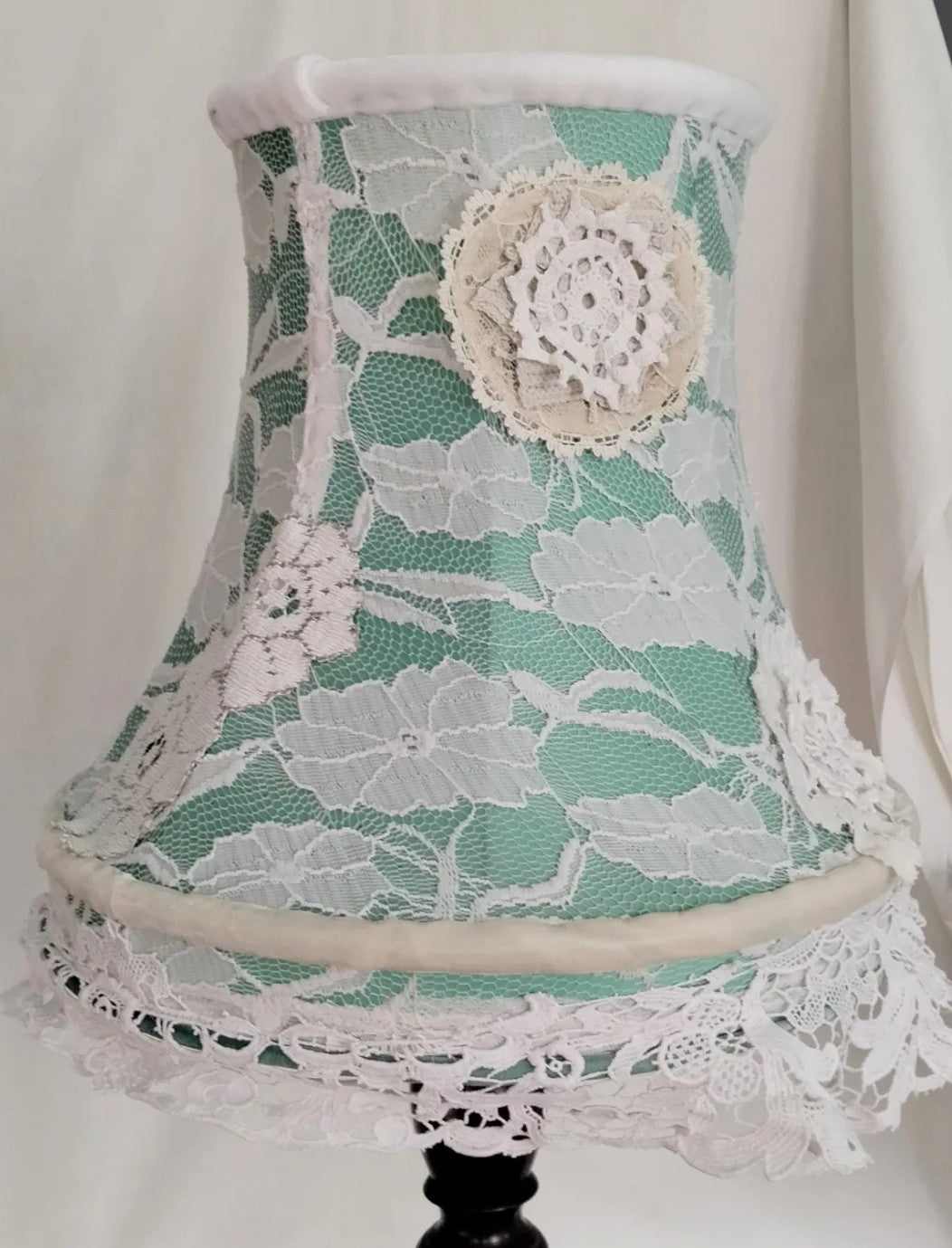 Hand made green & cream white antique lace crochet lampshade 12"