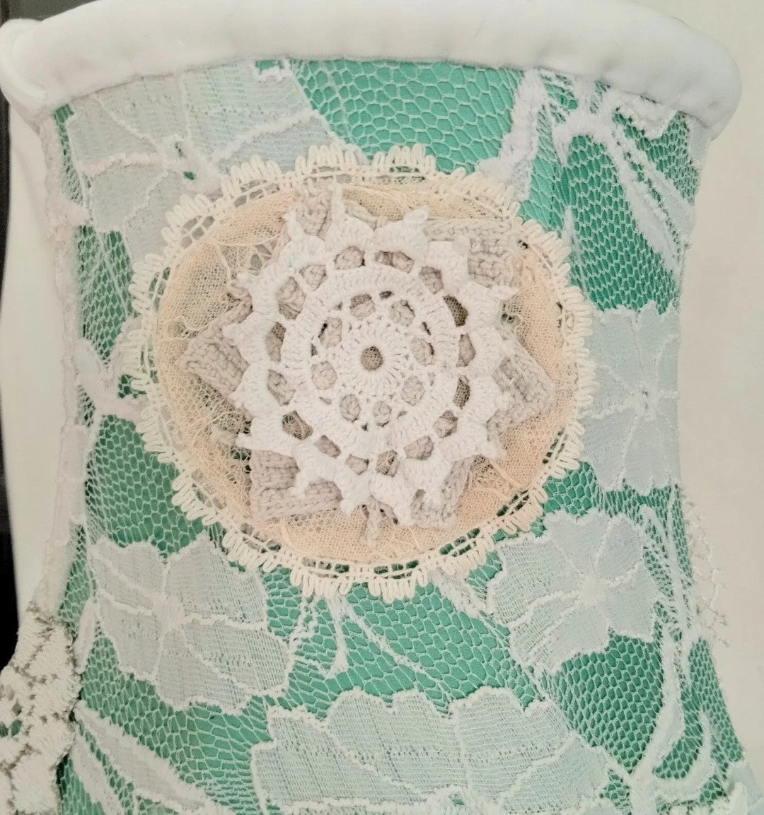 Hand made green & cream white antique lace crochet lampshade 12"