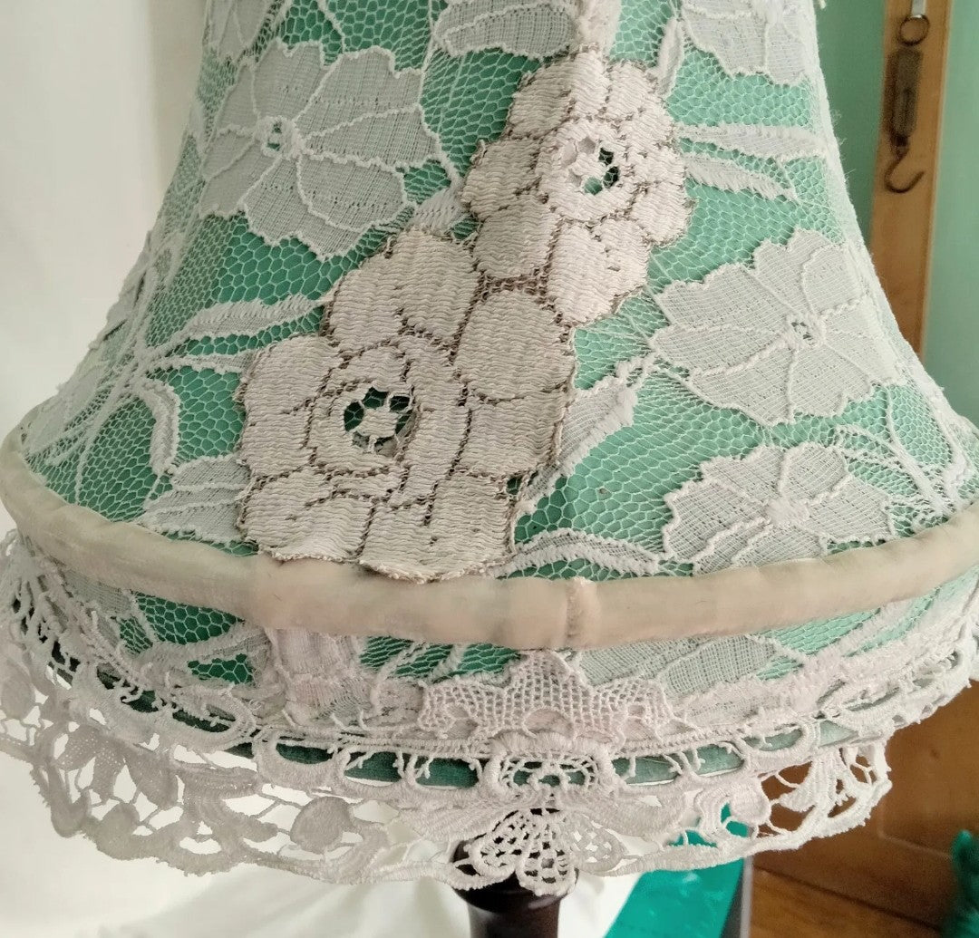 Hand made green & cream white antique lace crochet lampshade 12"