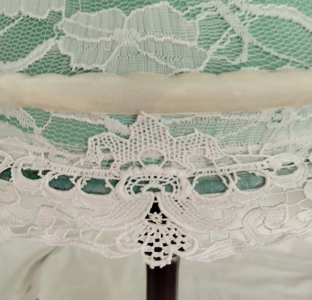 Hand made green & cream white antique lace crochet lampshade 12"