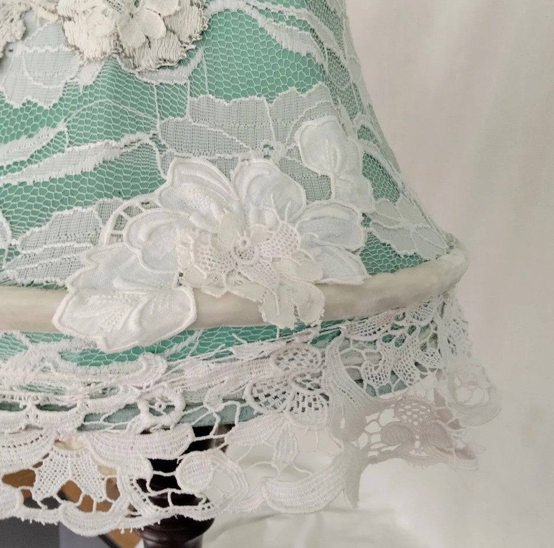 Hand made green & cream white antique lace crochet lampshade 12"