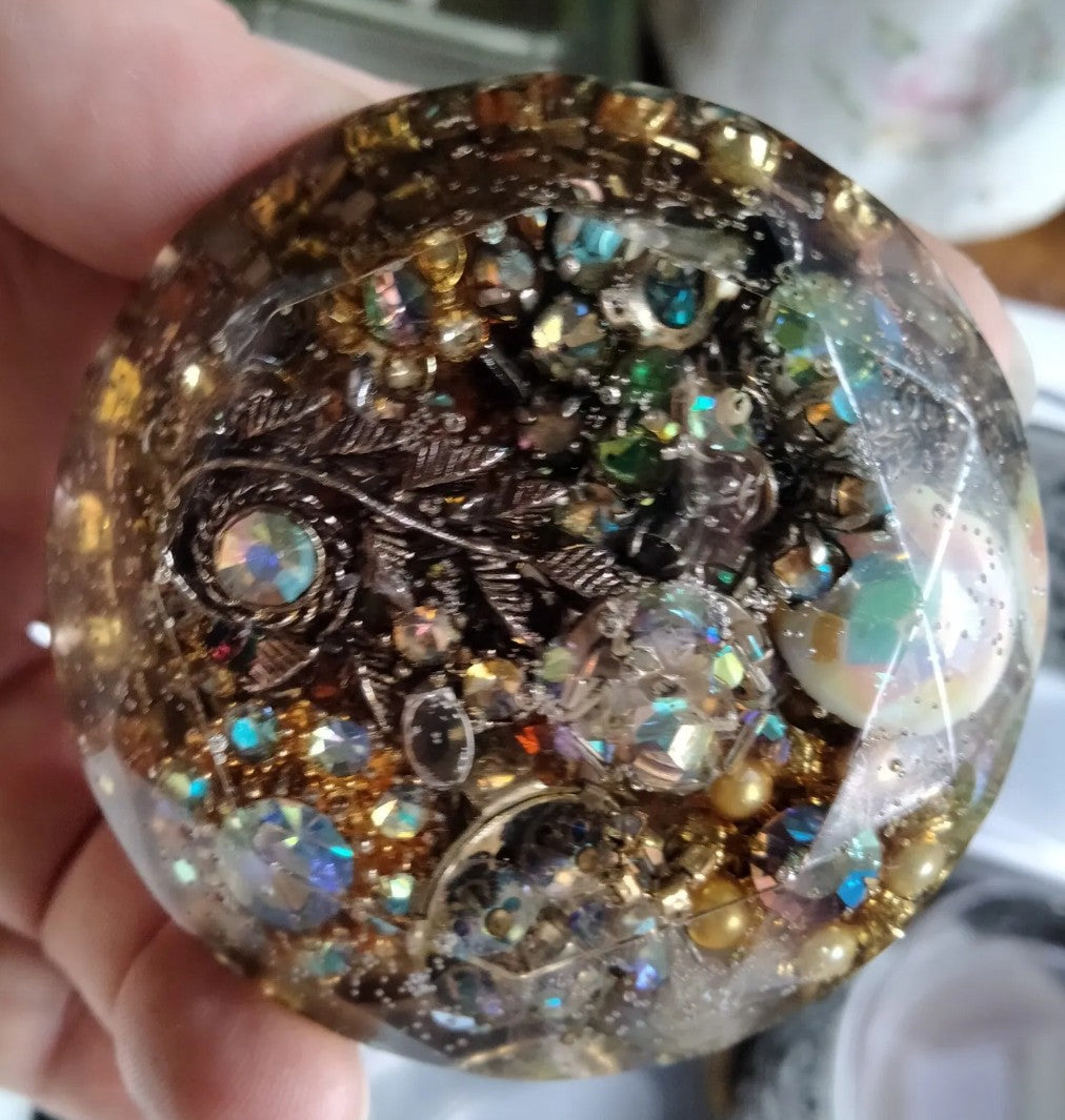 Handmade resin gem paperweight inlaid with aurora borealis rhinestone jewellery